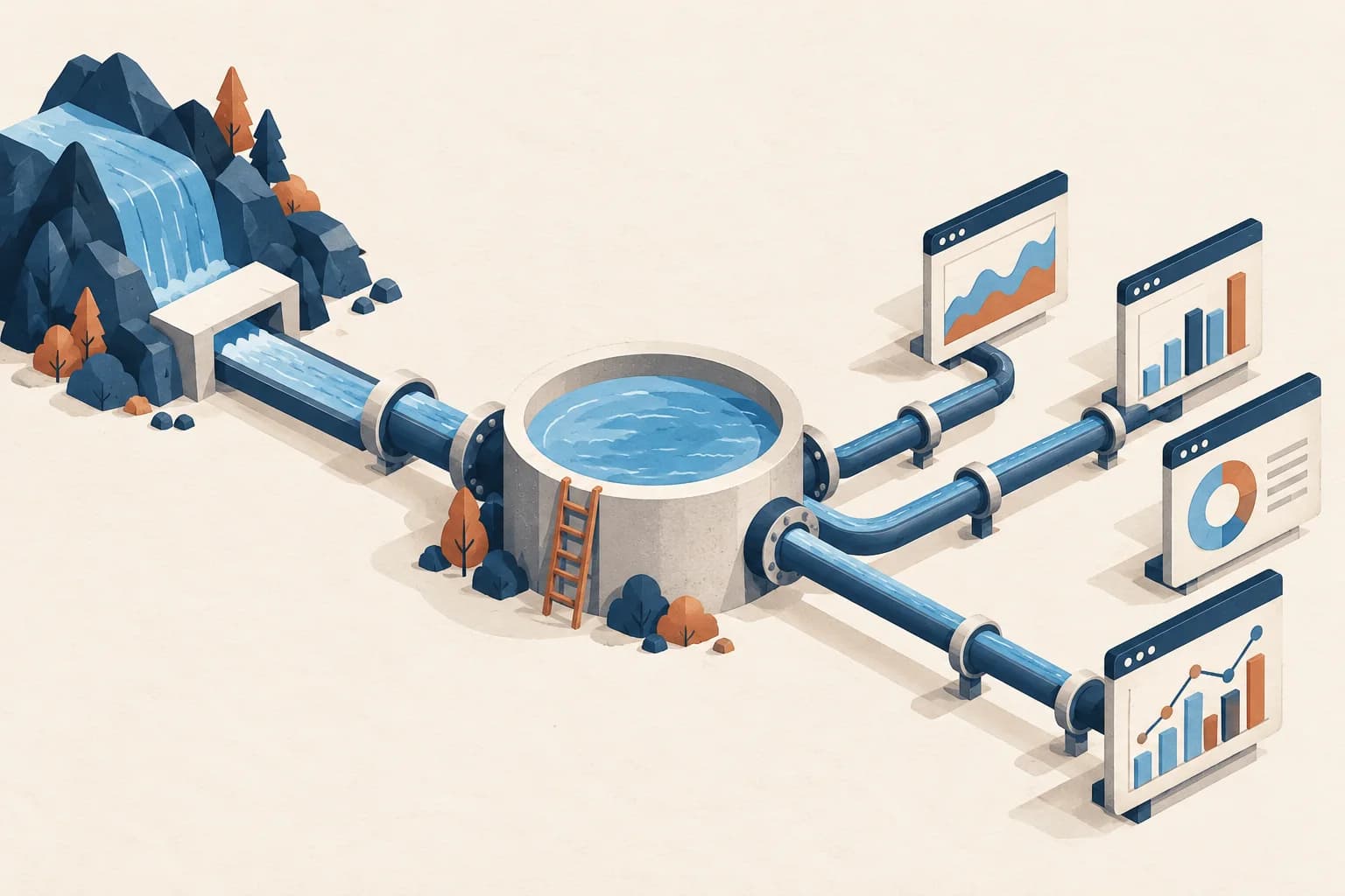 Stored extracts reduce repeated live reporting queries A finite reservoir buffers the flow of data between a source and several reporting windows.