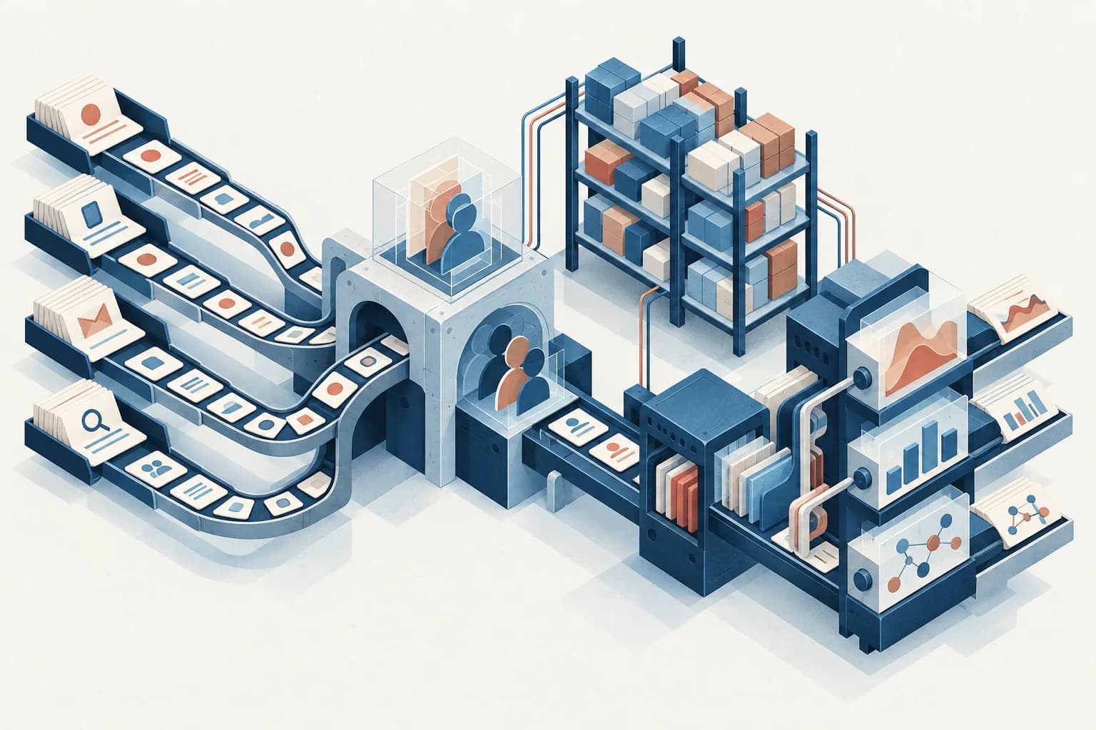Multi-touch attribution pipeline architecture Event intake trays, identity matching, warehouse shelves, and model outputs form separate stages of an attribution pipeline.