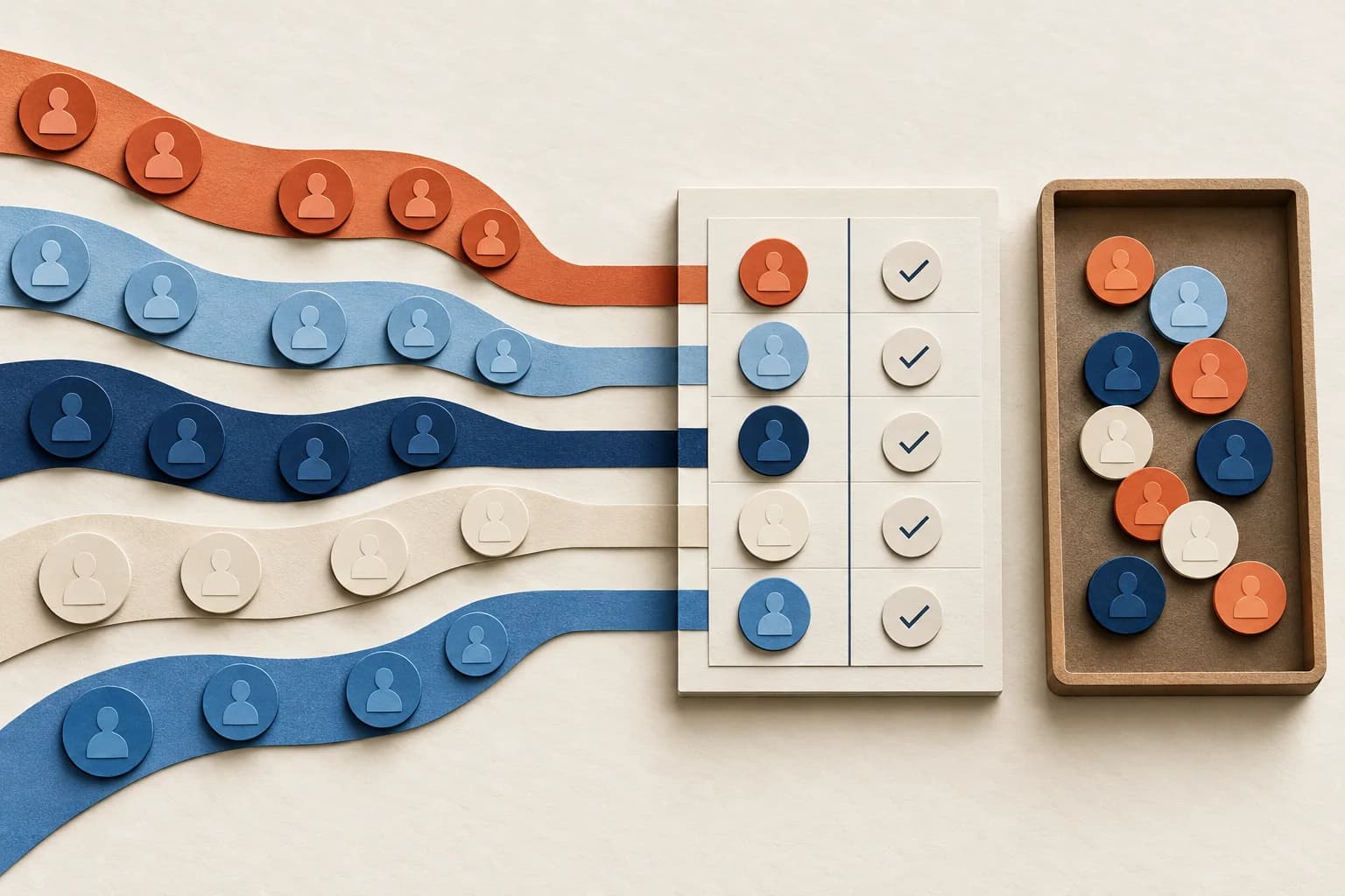 Reconcile model credit and unassigned outcomes Credit tokens from several journey paths are checked against an outcome ledger, with unmatched tokens kept in a separate tray.